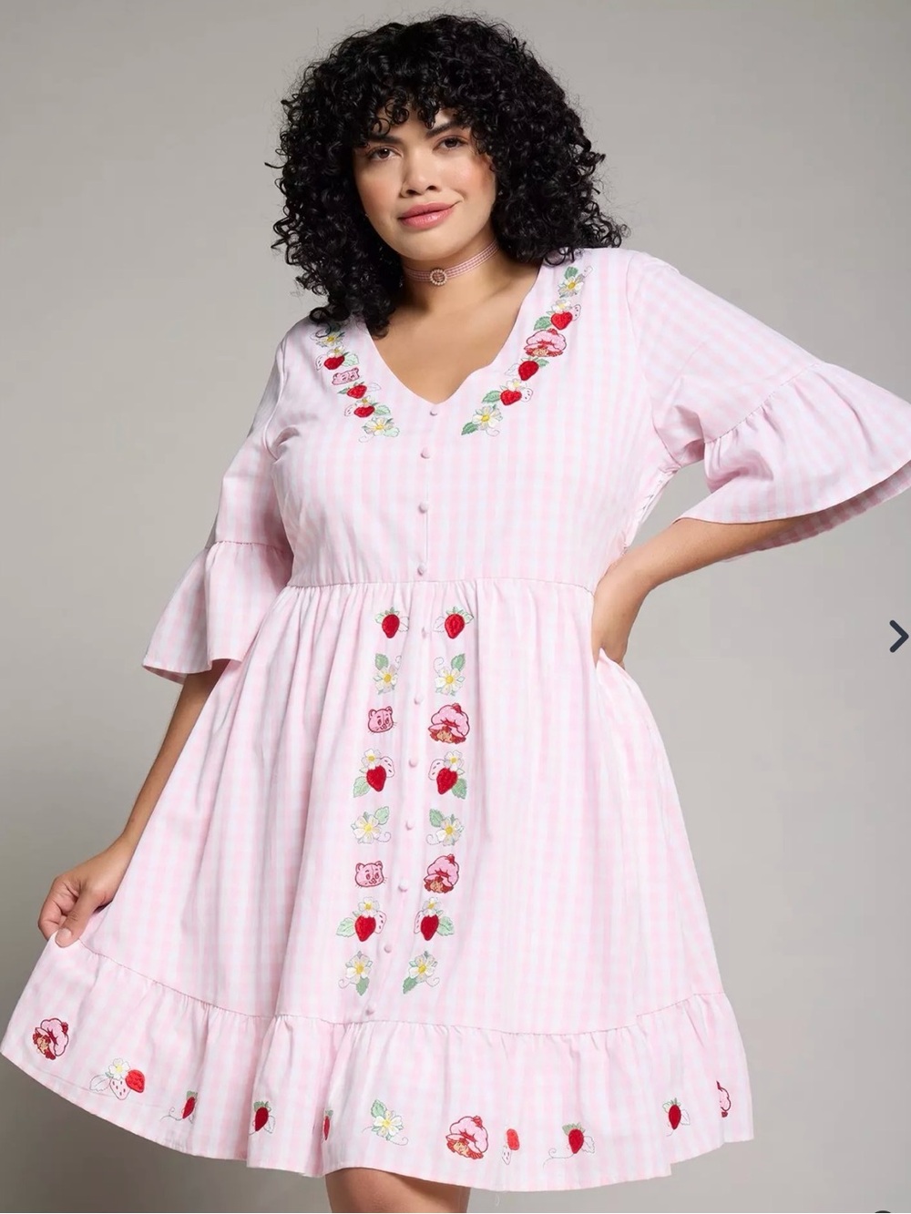 Boxlunch Women’s Pink Gingham Strawberry Shortcake Embroidered V-Neck Dress